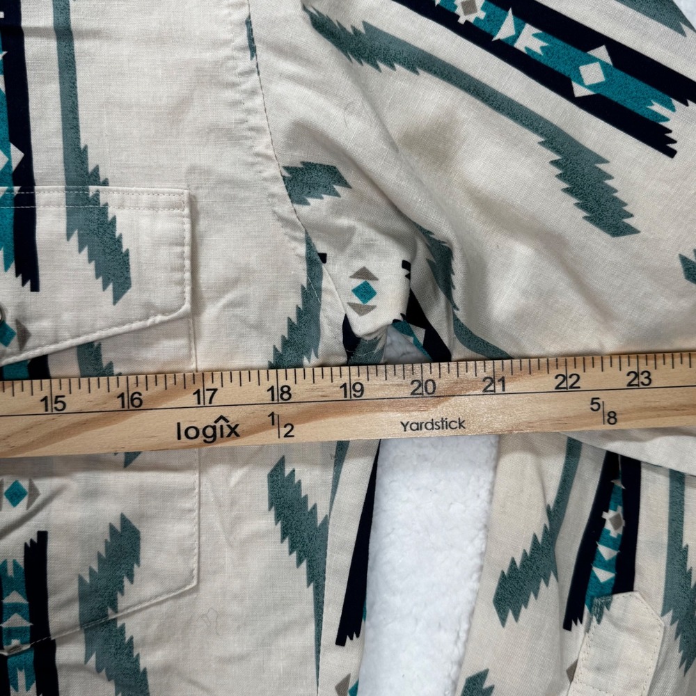 Wrangler Mens Aztec Western Snap Shirt Small Teal Tan Geometric Long Sleeve - Picture 3 of 12